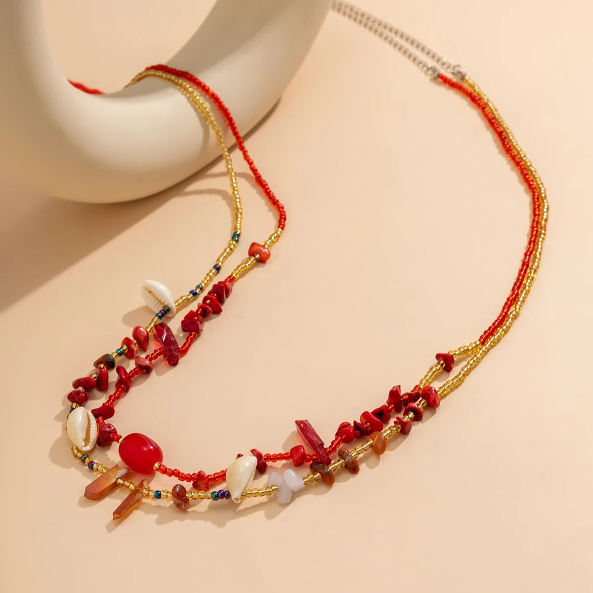 Ingemark 2Pcs/Set Boho Red Crystal Seed Beads Waist Chain for Women Summer Beach Bikini Stone Conch Belly Belt Sexy Body Jewelry - Kimlud