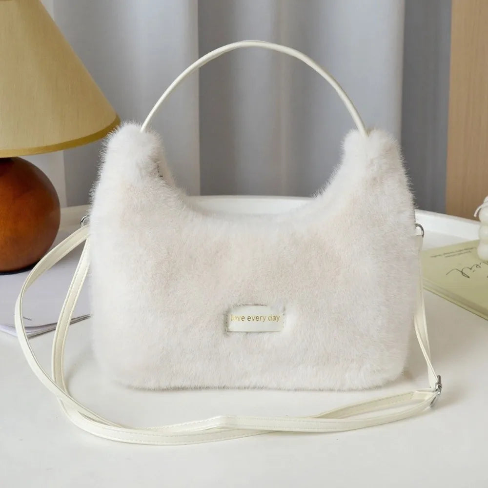 Winter New Luxury Faux Fur Ladies Shoulder Bag Soft Fluffy Female Crossbody Bag Solid Color Large Capacity Plush Tote Bag