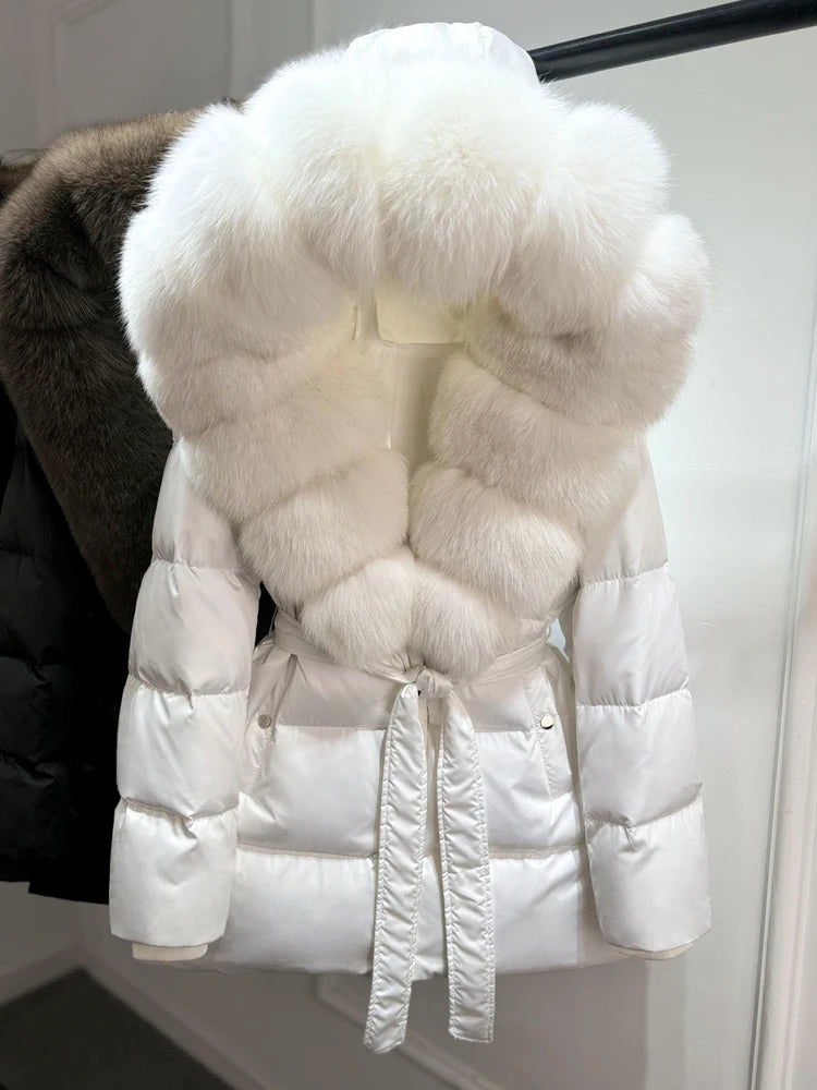 2025 New Natural Thick Warm 90% White Goose Down Coat Long Winter Jacket Women Real Big Fox Fur Collar Belt Loose Puffer Parka