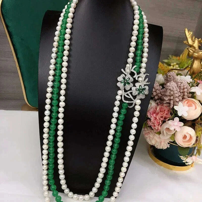 3rows freshwater pearl white near round 7-8mm &green jade round necklace 80cm
