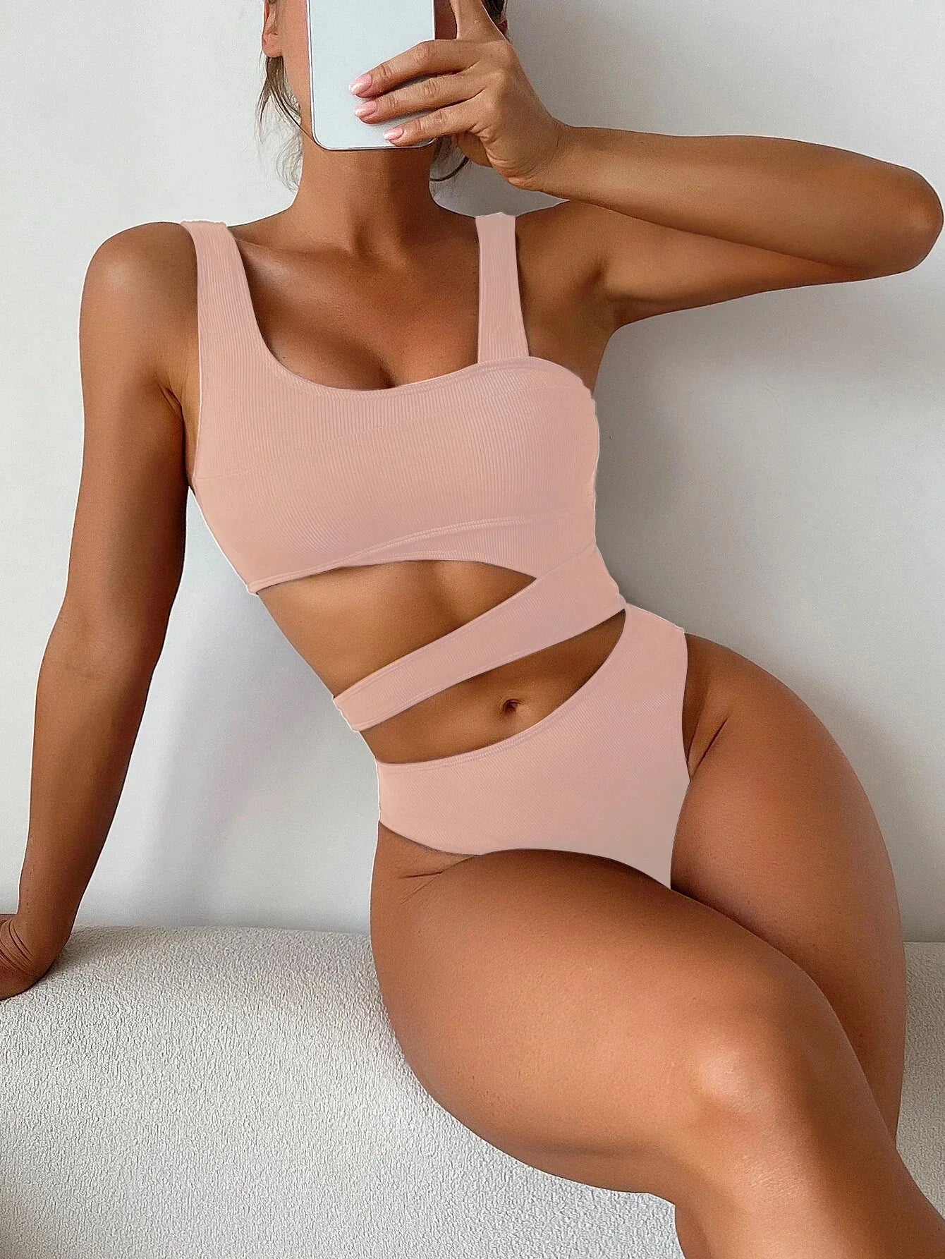 Sexy One Piece Swimsuit Women One Shoulder Hollow Out High Waist Bikini 2024 Summer Rib Backless Bathing Suit Swimwear Monokini