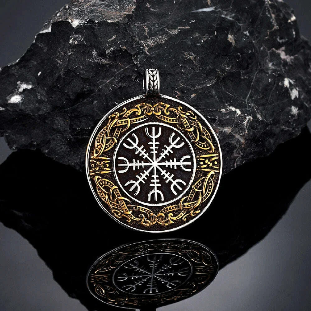 Vintage Ouroboros Vikings Rune Compass Necklace Men Norse Amulet Stainless Steel Pendant Genuine Leather Chain Icelandic Jewelry