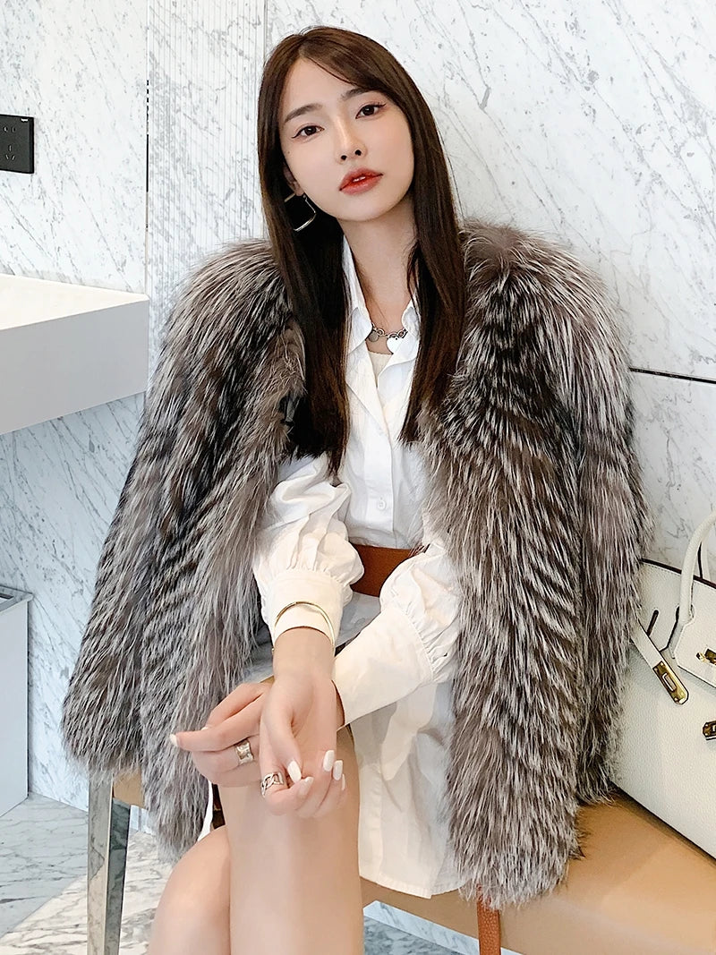2025 New Imported Silver Fox Young Style Fox Fur Korean Style Fur Coat Women's Short Style Small Clip leather craft