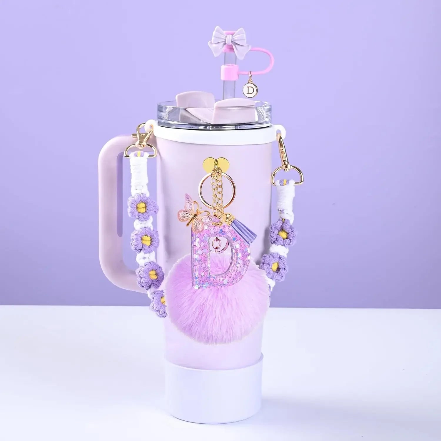 7PCS Accessories Set for Stanley Cup Purple Straw Topper Cup Boot Water Bottle Handle Strap Letter Charms 40oz 30oz Tumbler