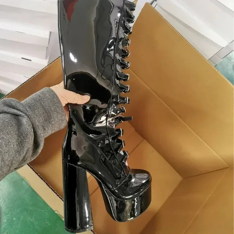 European and American High-heeled Sexy Belt Buckle Knee High Mary Jane Boots Women's Fashionable Thick Soled Banquet Shoes - Kimlud