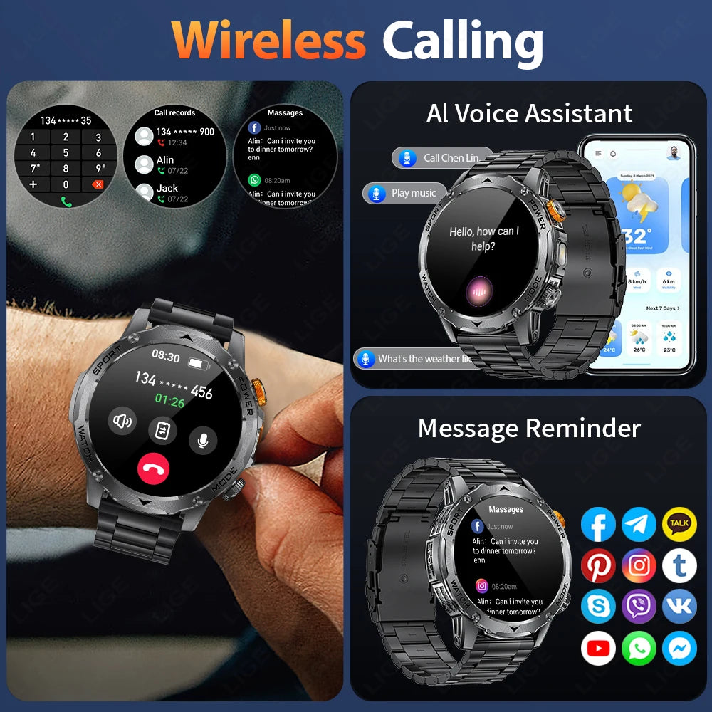 LIGE New 1000mAh Big Battery Smart Watch Men LED Flashlight BT Call IP68 Waterproof Men Watches Spots Smartwatch For Android ios