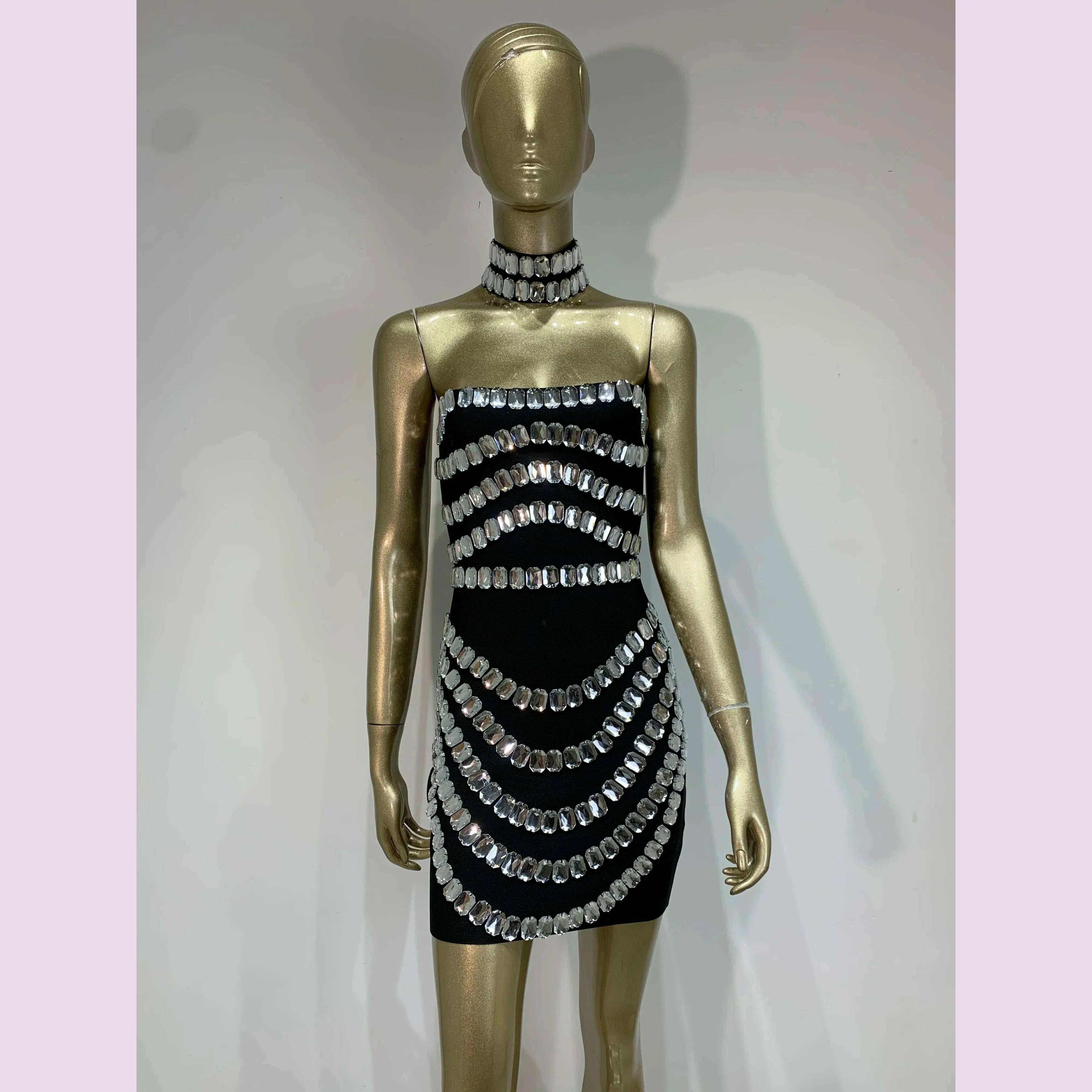 Brand New Ins 2025 Women Black Strapless Crystal Bandage Bodycon Dress Designer Collar Elegant Mini Evening Party Dress Vestido