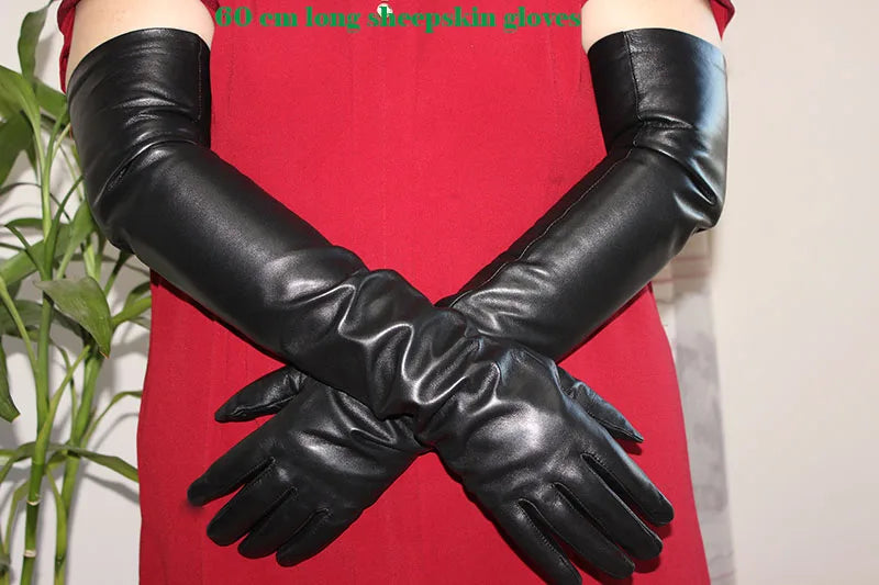 Long Sheepskin Gloves Women's Genuine Leather 58cm Length Sleeve Velvet Lining Keeps Warm in Autumn and Winter