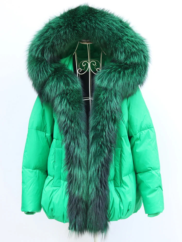 New Fashion Outerwear Puffer Jacket 2024 Women Coat White Duck Down Jacket Super Large Real Silver Fox Fur Collar Hooded