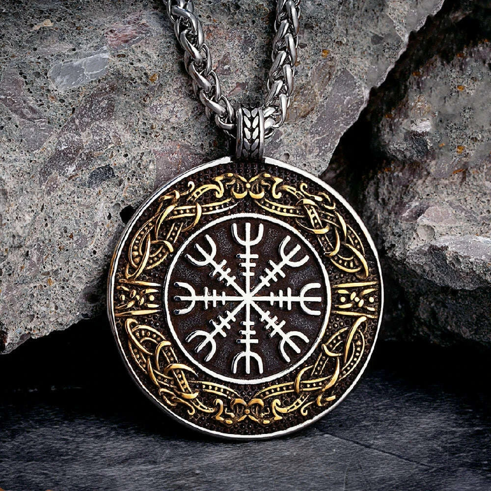 Vintage Ouroboros Vikings Rune Compass Necklace Men Norse Amulet Stainless Steel Pendant Genuine Leather Chain Icelandic Jewelry