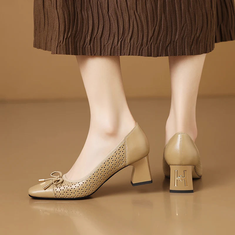 【JOCHEBED HU】New Fashion Hollow Out Women Pumps Square Toe Summer Shoes Chunky Heels Handmade Genuine Leather Shoes 33-43 - Kimlud