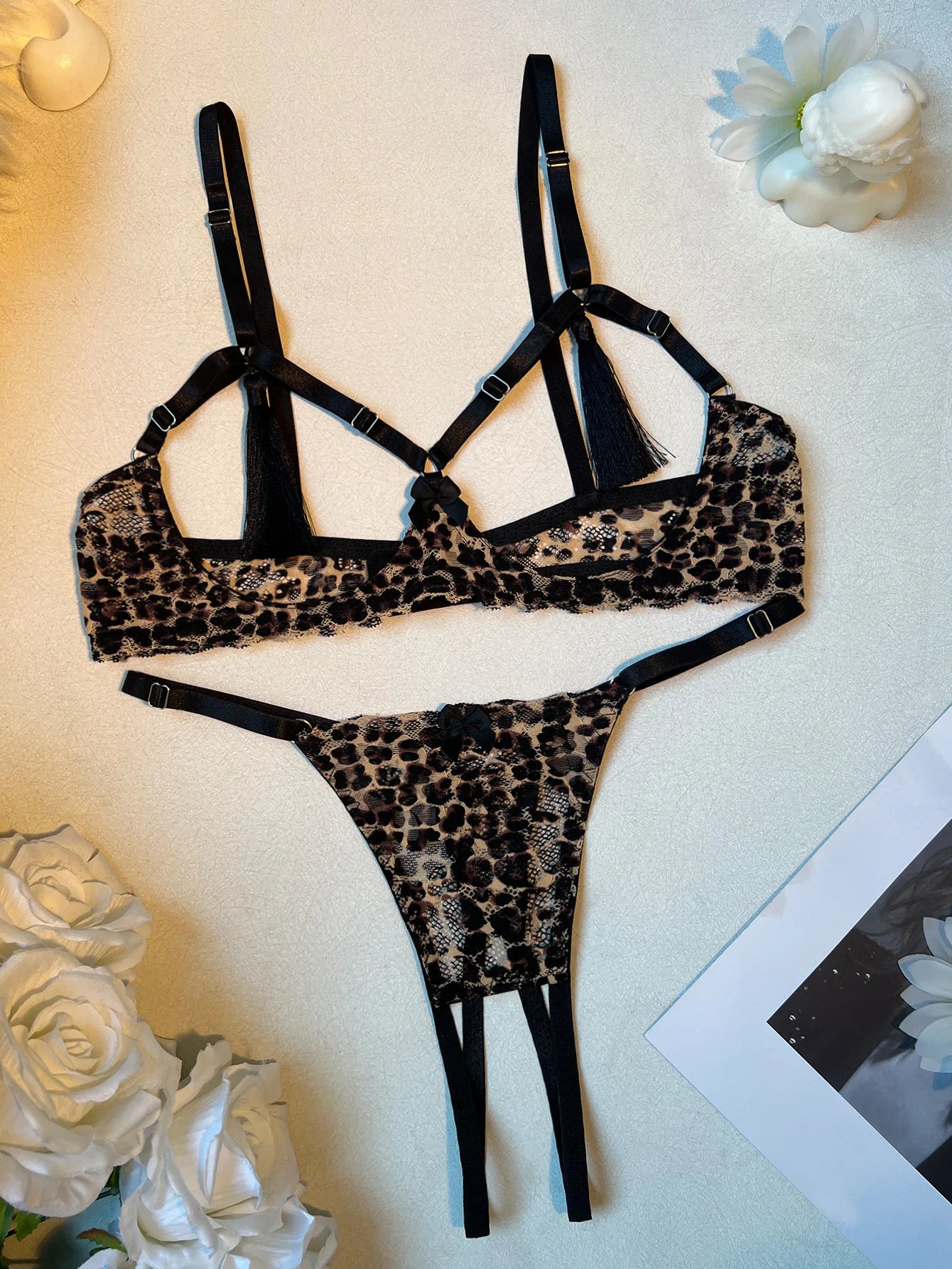 Ellolace Leopard Lingeries Sexy Hot Tempted Bra Thong 2PC Set Wildness Tassels Decor Intimate Hollow Breast Open Crotch Kit