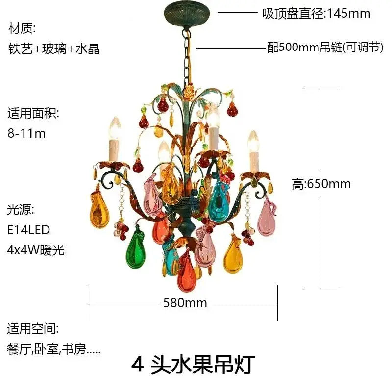 French Colorful Restaurant Chandelier Art Glass Lamp Romantic Bedroom Lamp Retro Colorful Candle Chandelier Crystal Lamp - Kimlud