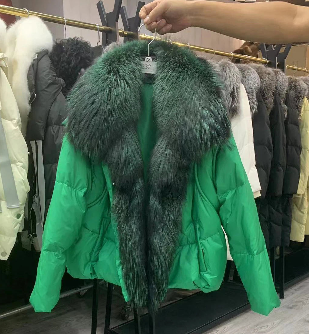New Fashion Outerwear Puffer Jacket 2024 Women Coat White Duck Down Jacket Super Large Real Silver Fox Fur Collar Hooded