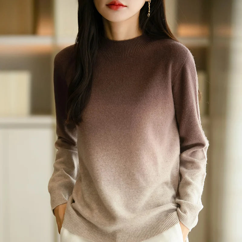 Women New Fine Wool Thickening Sweater Outwear Gradient Mock Collar Pullover Autumn Winter Bottoming Casual Warm Knitting Tops