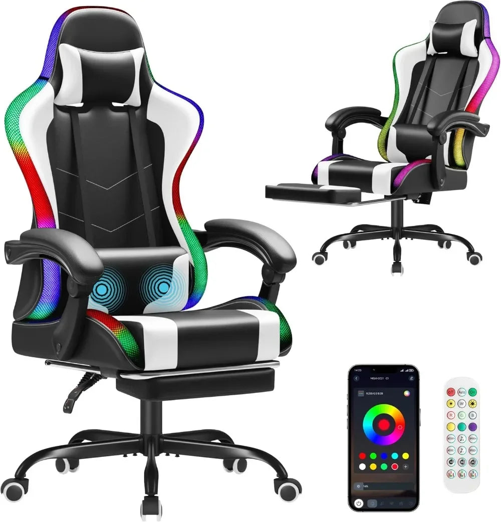 Ergonomic Gaming Chair with Massage Lumbar Support, Footrest, Adjustable Height & RGB Lighting