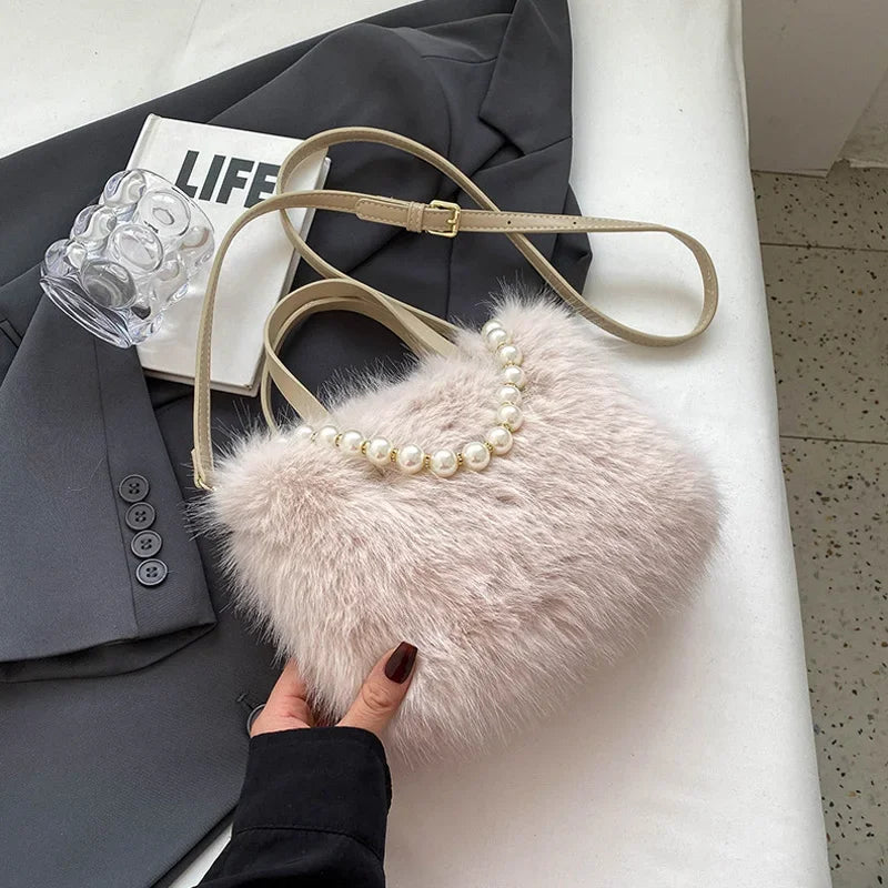 Winter Fashion Faux Fur Crossbody Bags for Women's Gift, Pearl Chain Decor Shoulder Bag, Ladies Handbags Top-handel Bag