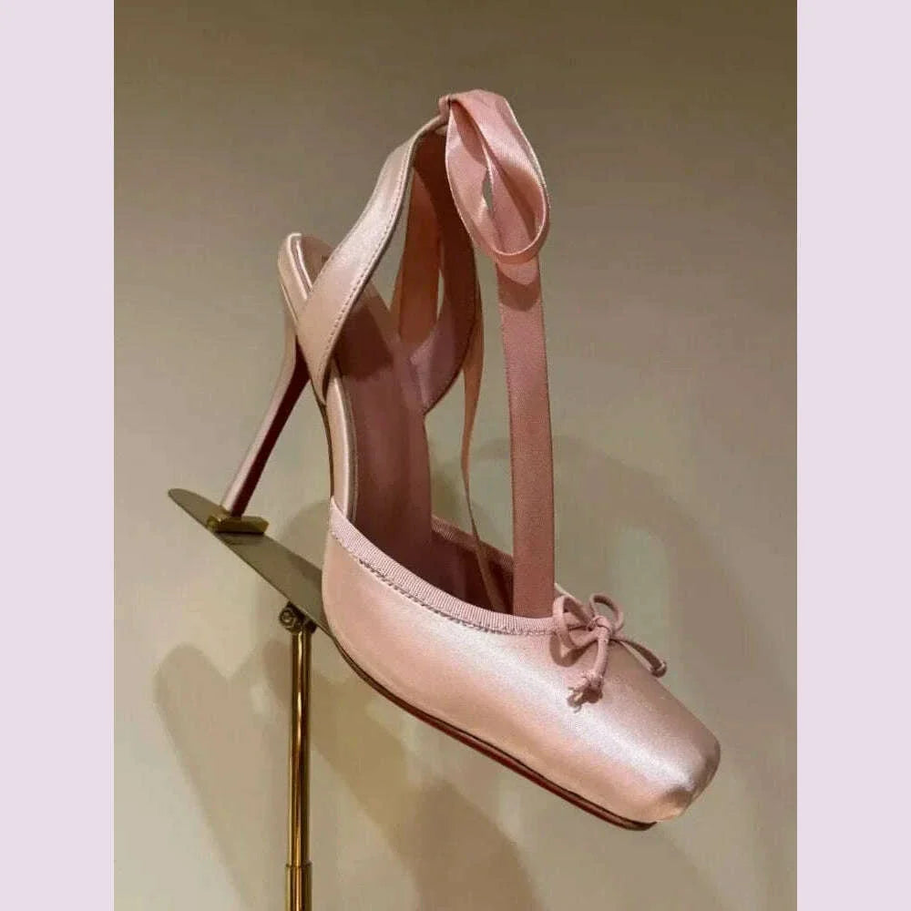 Ladies' New Summer Square Satin High-heeled Sandals with Ankle Straps, Fashionable Party and Banquet Ballet High-heeled Shoes