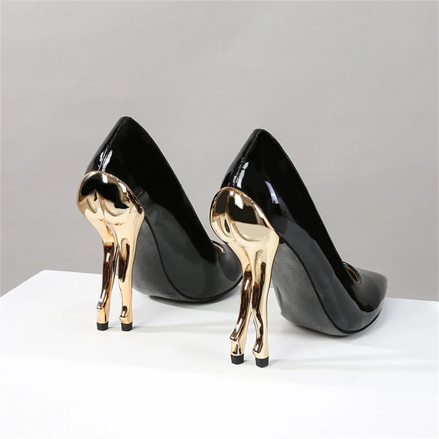 Deigner Gold Hip High Heels Runway Women Pumps Pointed Toe Strange Heel Dress Shoes Black Patent Leather Ladies Stiletto