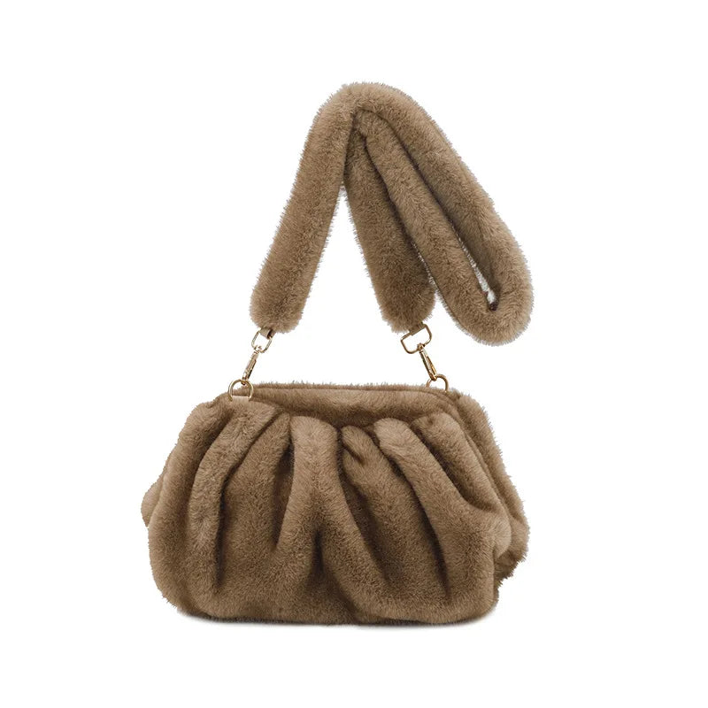 Fashionable Wrinkled Cloud Bag Soft Faux Fur Small Shoulder Bags for Women 2025 Winter Trend Korean Plush Handbags Crossbody Bag
