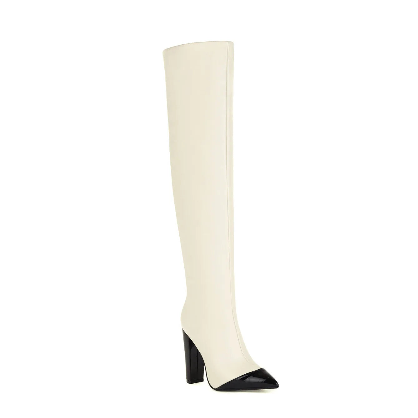 Patchwork Pointed Toe Wrinkle Knee High Boots Block High Heels Fashion Leather Casual Boot Unique Sexy Lady Party Dress Shoes