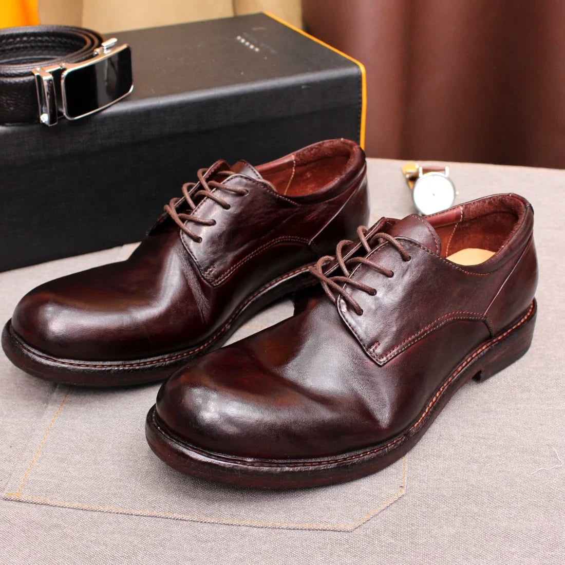 Men's Handmade Goodyear Sewn Derby Formal Shoes Soft Genuine Leather round Toe Comfortable Non-Slip Casual Shoes