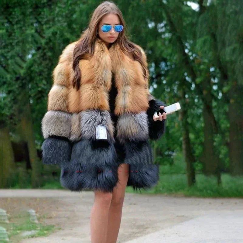 Women Long Faux Fur Coat Winter Fashion Large Size Thick Warm Fur Jacket Yellow and Black Contrast Stitching Cardigan Cloth