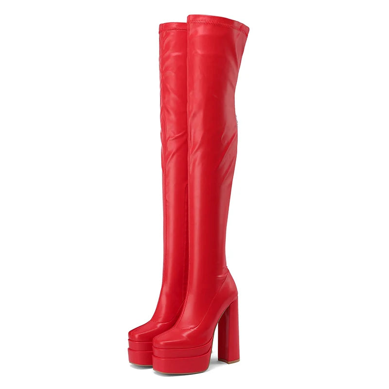 Square Toe Super High Three-Layer Platform Fashion Women's Over The Knee Boots Thick Heel Side Zipper Slip-On Plush Lining Boots