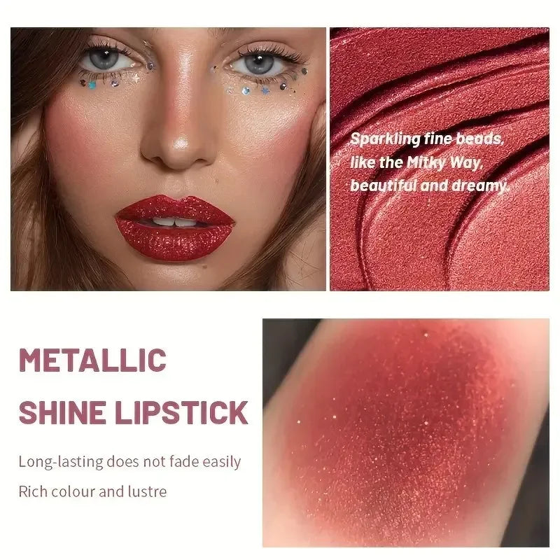 Glitter Pearlescent Lipstick, Waterproof Long Lasting Lip Color, Hydrating Plump Lips for Daily & Party Makeup