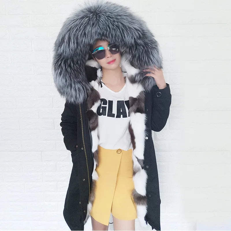 Maomaokong Winter Women's Fur Jacket Long Outdoor Tops Real Fox Fur Collar Inner Fur Lining Parka Natural Silver Fox Women Coat