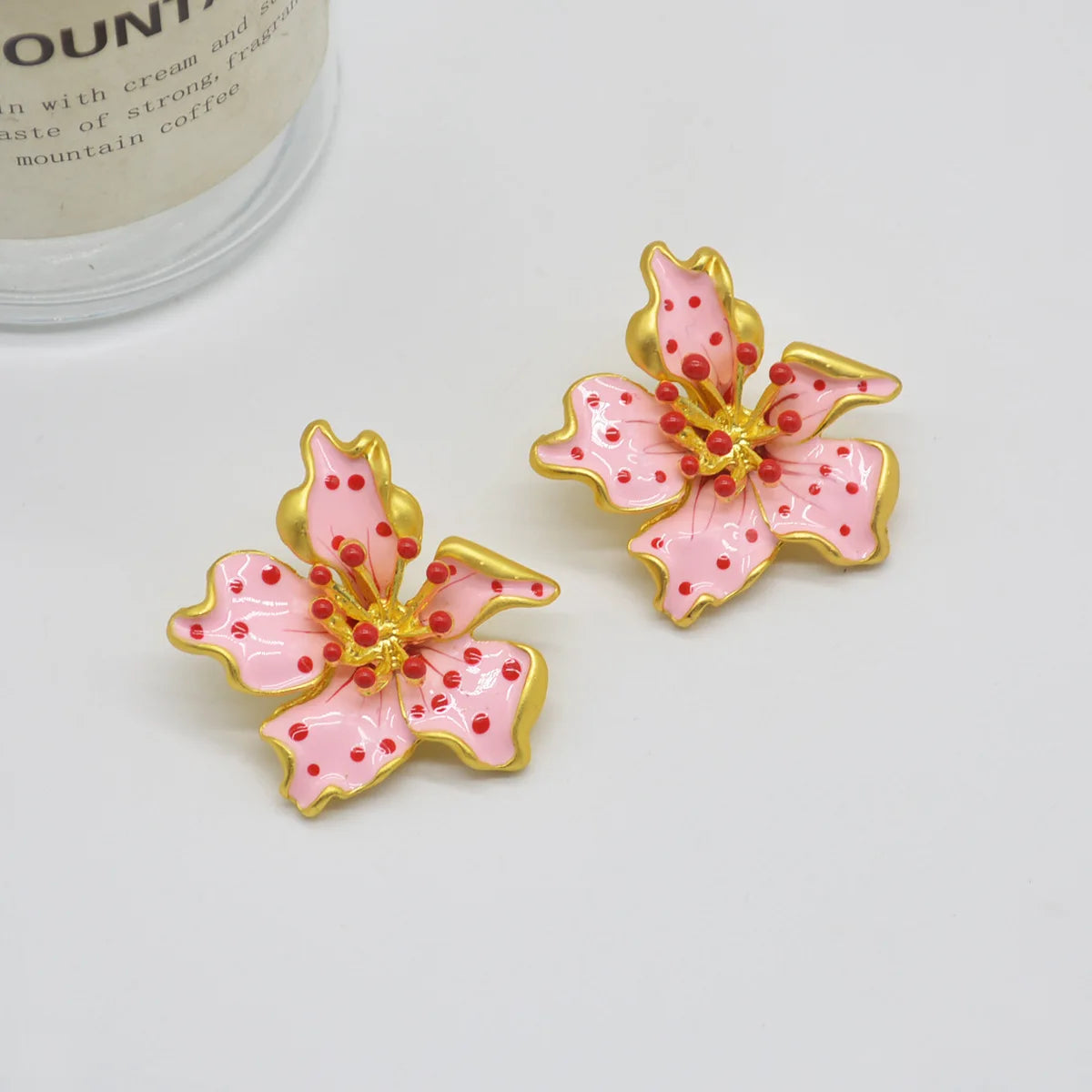 HUANZHI Enamel Pink Flower Stud Earring Irregular Petal Vintage Drip Oil Elegant Sweet Jewerly Gift for Women Girls