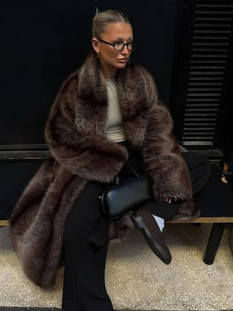 Women Brown Faux Fur Coat Shawl Collar Solid Full Loose Outerwears 2025 New Winter Fashion Street Commute Evening Event Lady Top