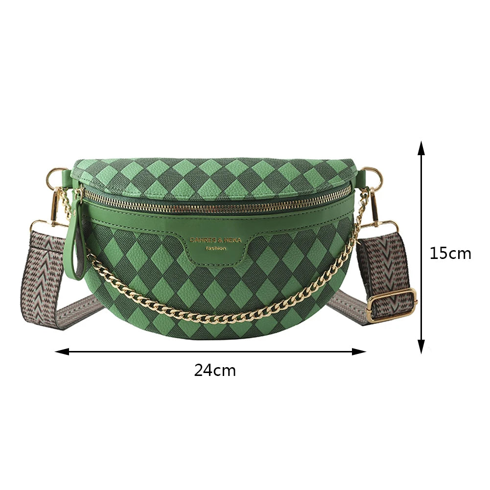 Rhombic Lattice Female Sling Waist Pack Fashion Chain Sports Satchel Casual PU Leather Portable Wide Strap for Weekend Vacation