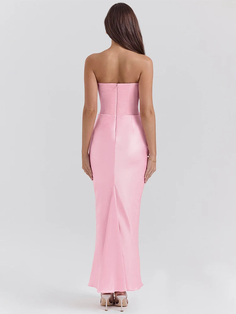 Elegant Pink Strapless Satin Patchwork Maxi Dress Women Sexy Sleeveless Ruched Bodycon Dresses Evening Cocktail Party Long Dress