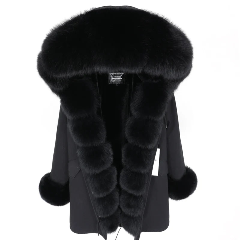 MAOMAOKONG 2024 Winter Women Coat Natural Fox Fur Collar Cuff Black Jackets Outwear Thick Luxury Real Fur Parka Women's Fur Coat