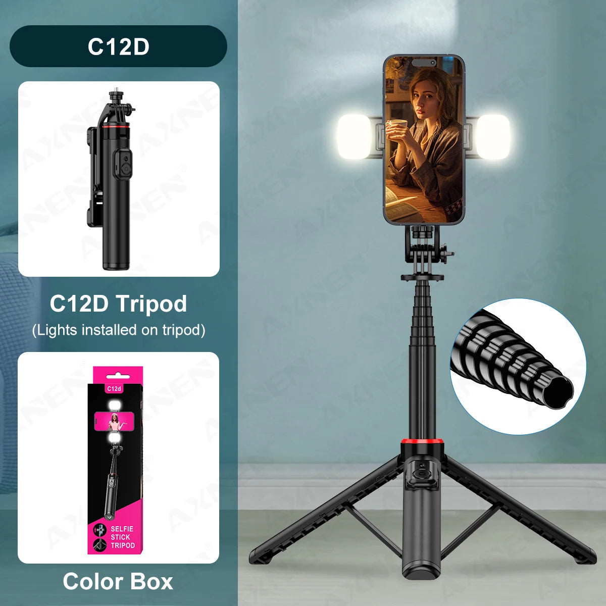 C12D/C13D Tripod for Phone and Action Camera Gopro Stand with Fill Light Remote Control for Mobile Vlog Shooting Live Recording