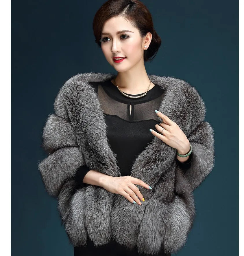 Faux Fur Fox Women Coats Shawl Cloak Coat Thick Open Stitch Elegant Maxi Warm Wedding Work Thick Outerwear Autumn Winter