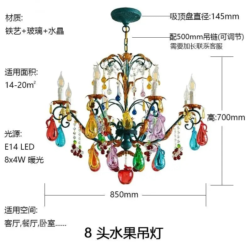 French Colorful Restaurant Chandelier Art Glass Lamp Romantic Bedroom Lamp Retro Colorful Candle Chandelier Crystal Lamp - Kimlud
