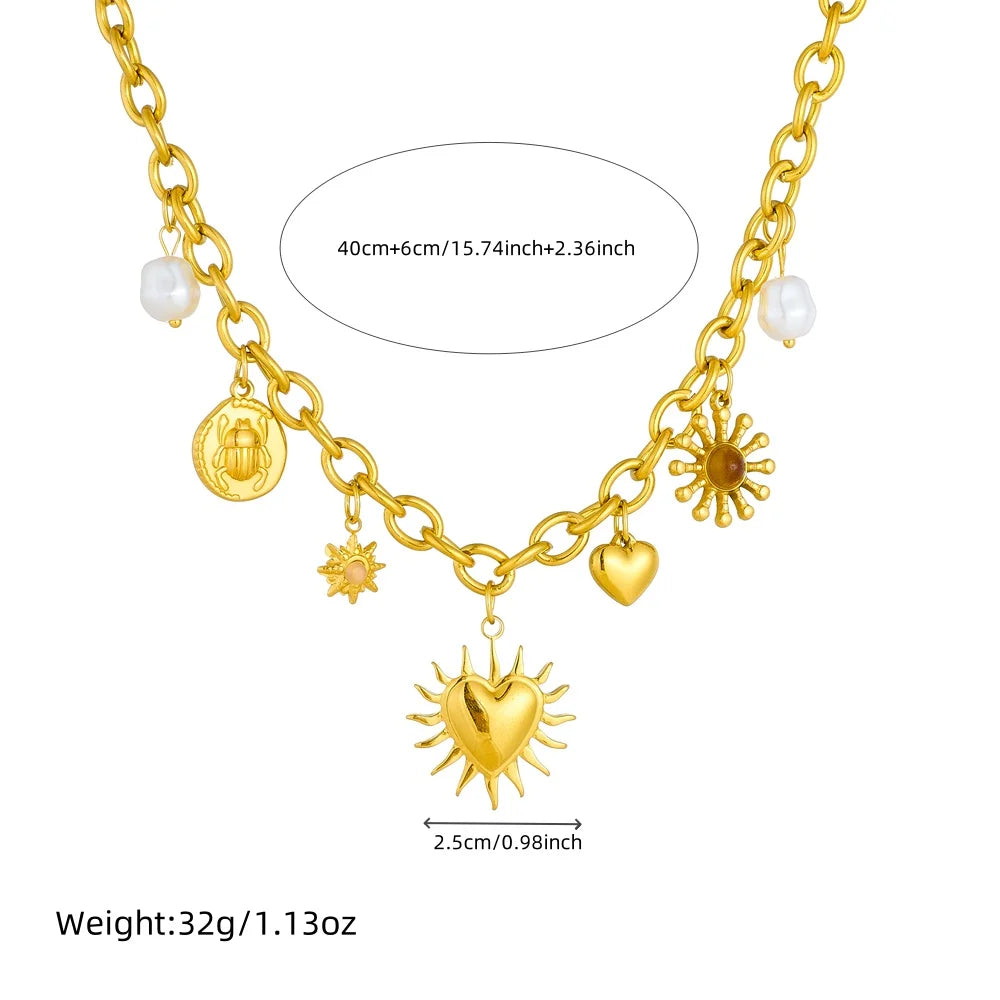 Stainless Steel Golden Summer Sun Heart Drop Necklace For Women Lady New Trend Waterproof Neck Chain Jewelry Gift