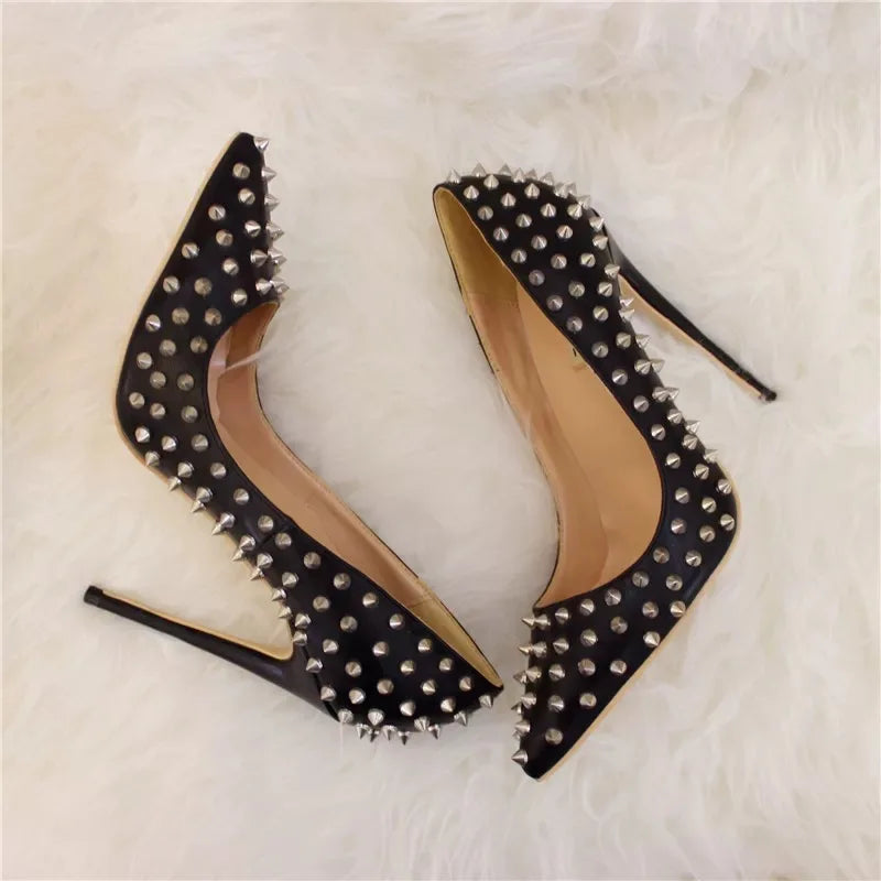 Veowalk Silvet Gold Revits Women Sexy 12cm Pointed Toe High Heels Ladies Shallow Stiletto Pumps Shiny Wedding Party Dress Shoes