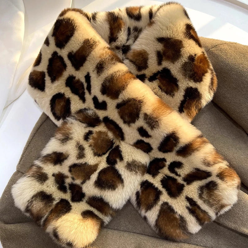 Winter Leopard Faux Rabbit Fur Scarf Women Girls Scarf Soft Plush Scarves Solid Color Neck Collar Warmer Stuff Christma Gift