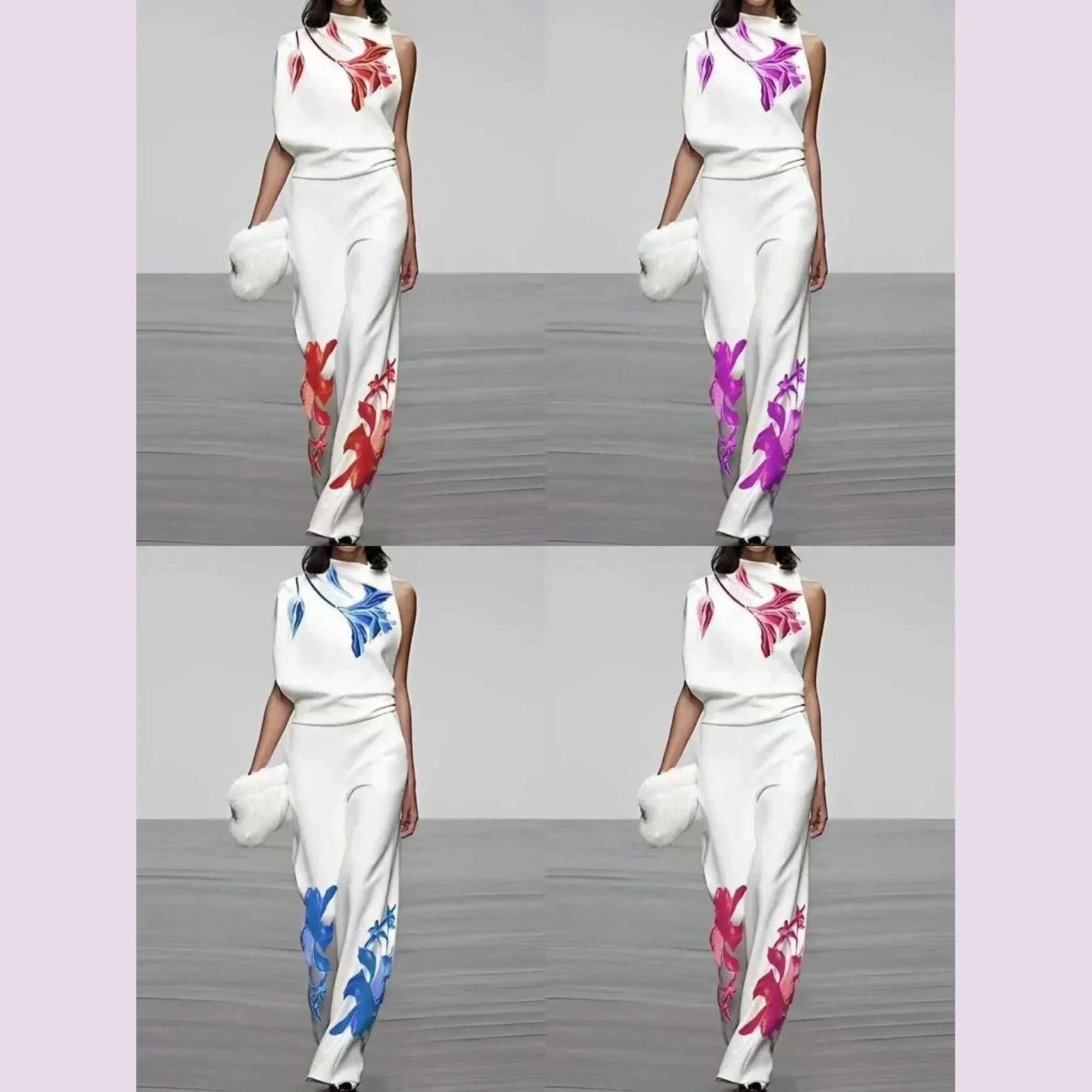 Two Piece Sets High Waist Wide Leg Trousers Outfits Matching Sets Suit Women Solid Turtleneck Sleeveless Tops Print Loose Pant