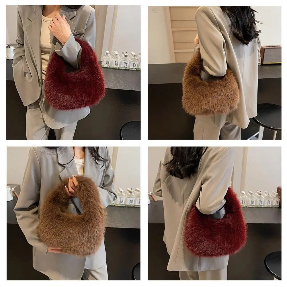Winter Shoulder Bags Casual Furry for Women Solid Color Soft Plush Ladies Clutch Purse Handbags Lightweight Female Hobos Bag
