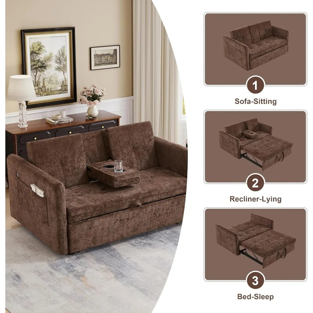 Convertible Brown Sofa Bed with Cup Holders, Pull-Out Sleeper, USB Ports for Living Rooms, Bedrooms, and RVs | Kimlud...