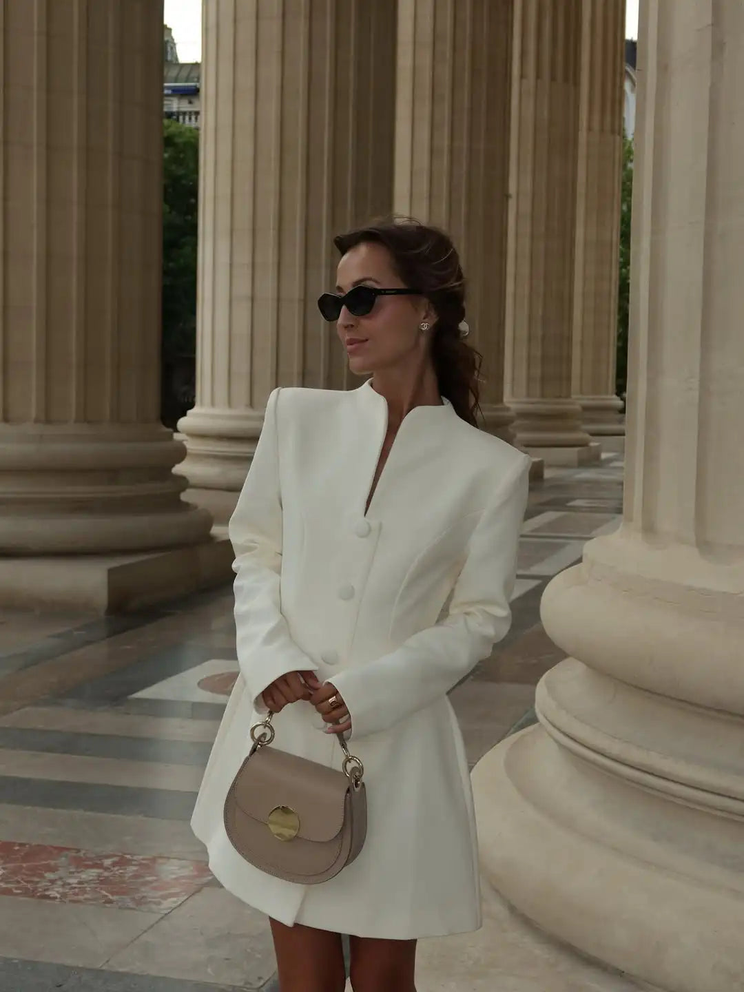 White Single Breasted A-line Mini Dress Women Elegant Solid Color Waist Pleated Short Dresses Daily Chic Evening Dinner Gowns