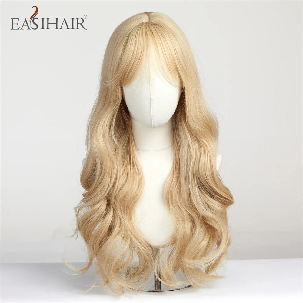 EASIHAIR Sandy Blonde Golden Wavy Synthetic Wigs with Long Bangs Cosplay Lolita Party Hair Wigs for Women Natural Heat Resistant
