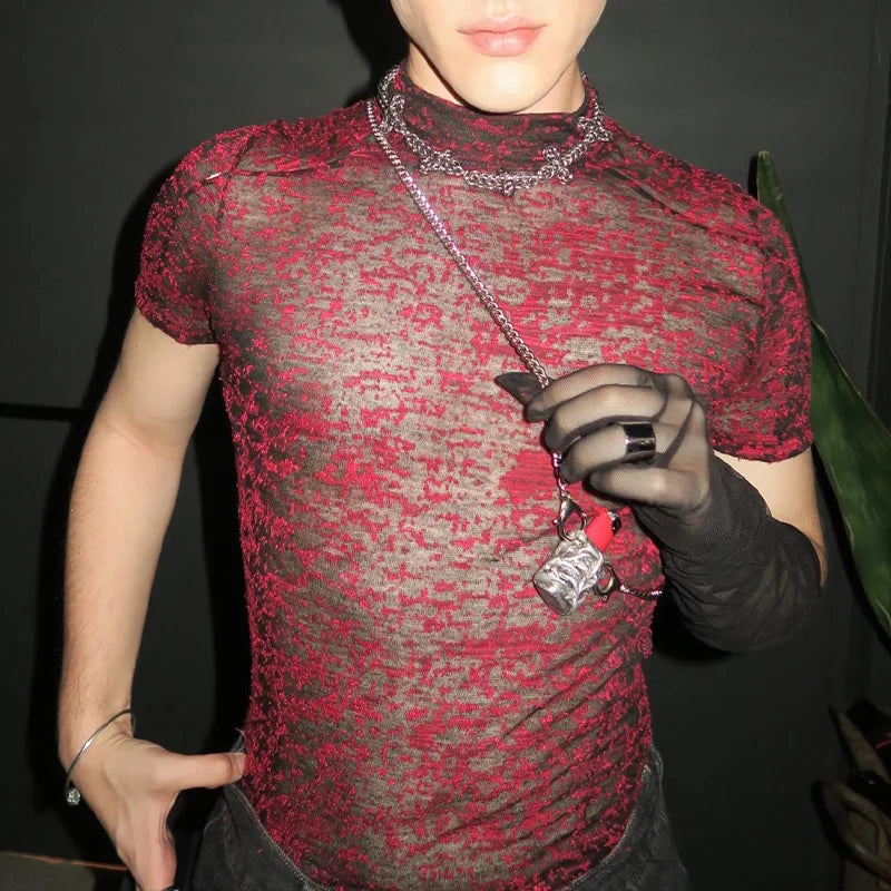 2024 Summer New European and American Men's Sexy Perspective High Neck Design Sensual and Fun Short Sleeve T-shirt Top - Kimlud