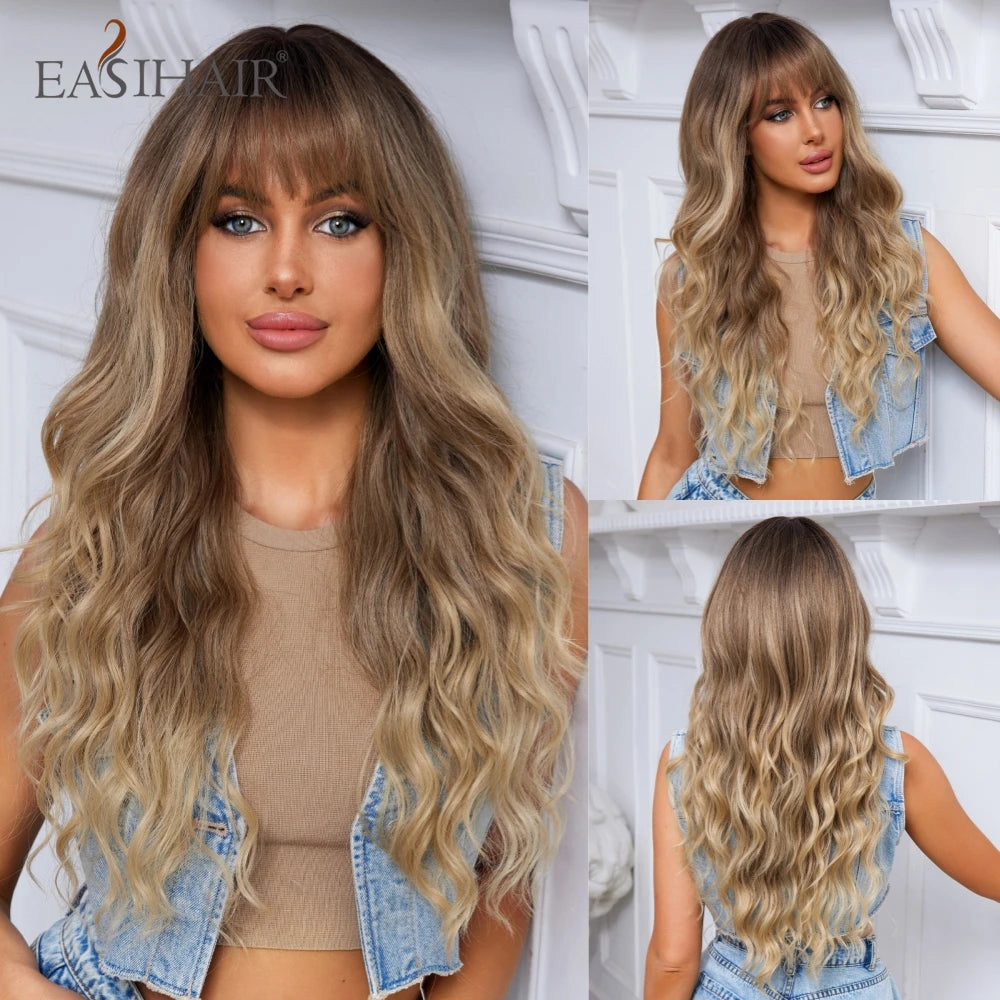 EASIHAIR Sandy Blonde Golden Wavy Synthetic Wigs with Long Bangs Cosplay Lolita Party Hair Wigs for Women Natural Heat Resistant