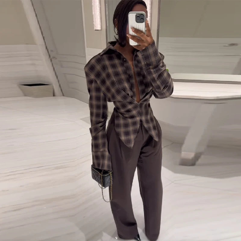 Women Chic Design Sense Plaid Shirt Fashion Casual Waist Cinched Slim Fit Long Sleeved Sexy Shirts Autumn Stylish Women Tops