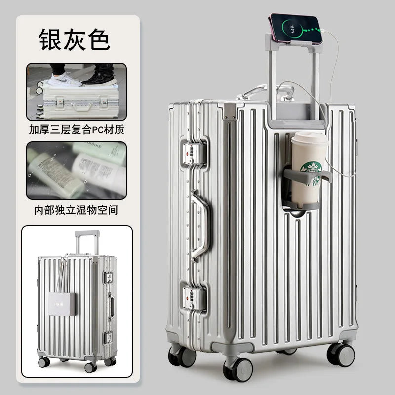 New Multifunction Suitcase with USB Charging Aluminum Frame +PC Suitcase Trip Cabin Male and Female Carrier 28/30-inch